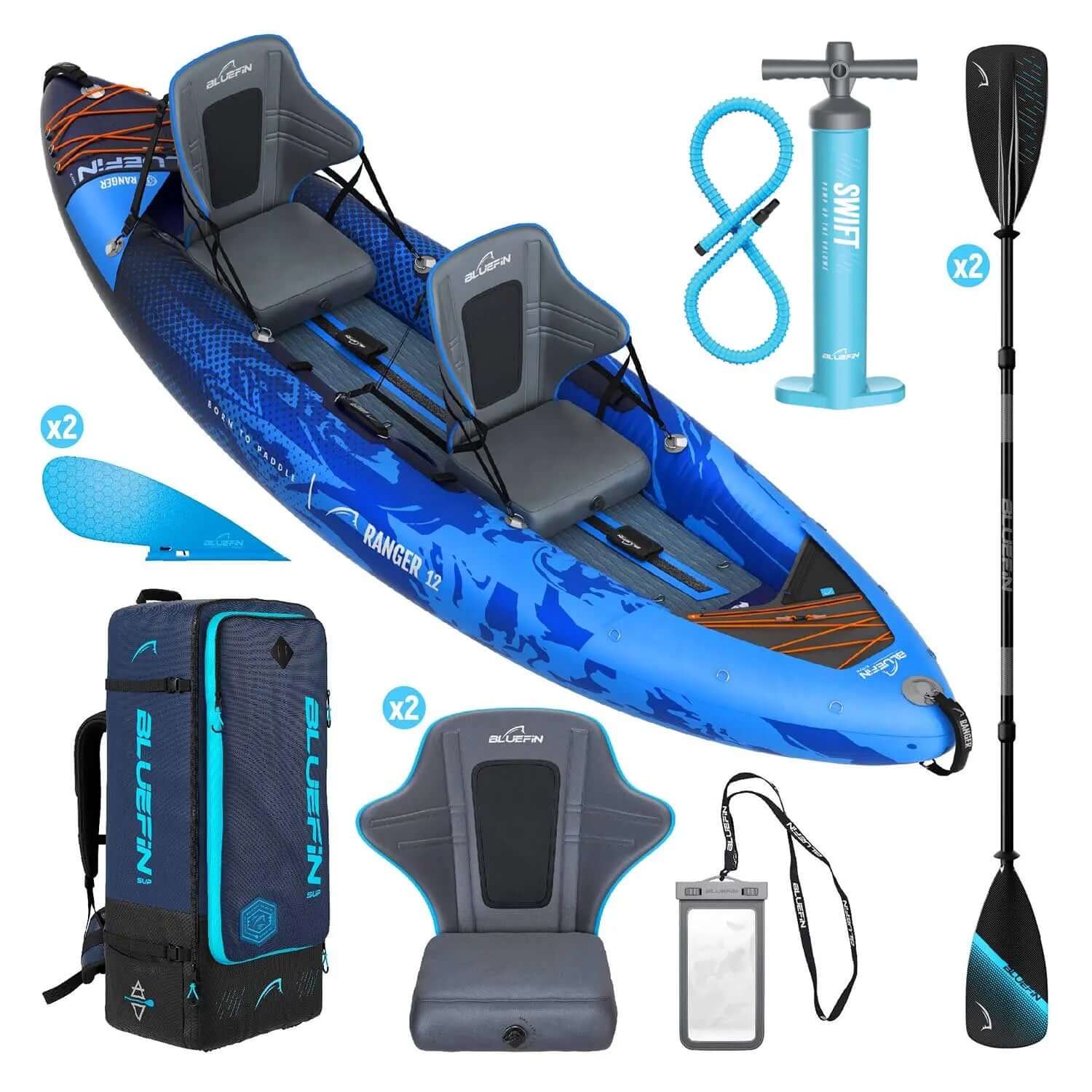 Inflatable kayak with two seats, paddles, pump, backpack, and accessories in blue and gray colors.