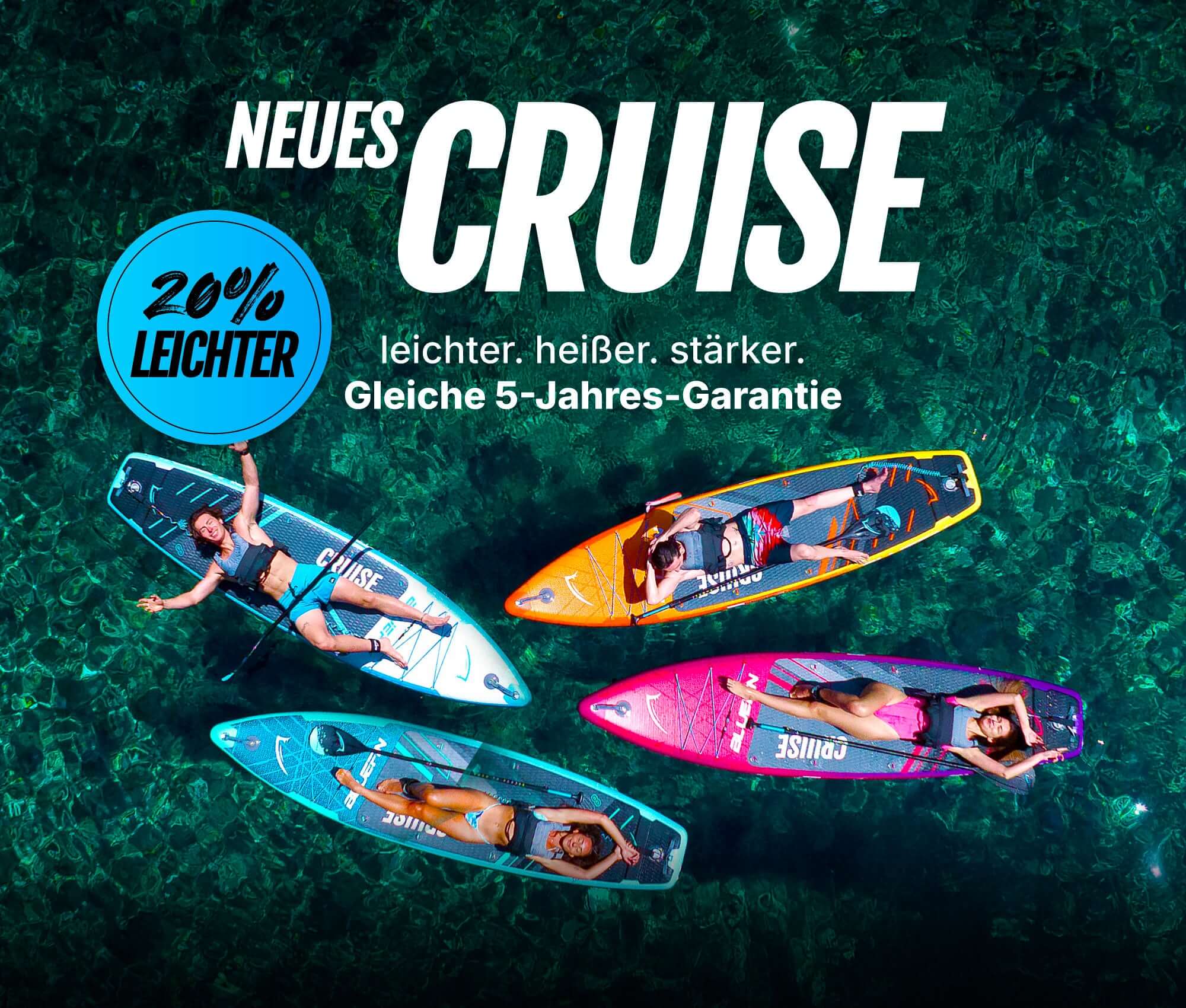 Four inflatable paddleboards in bright colors on clear water, with people relaxing on them.