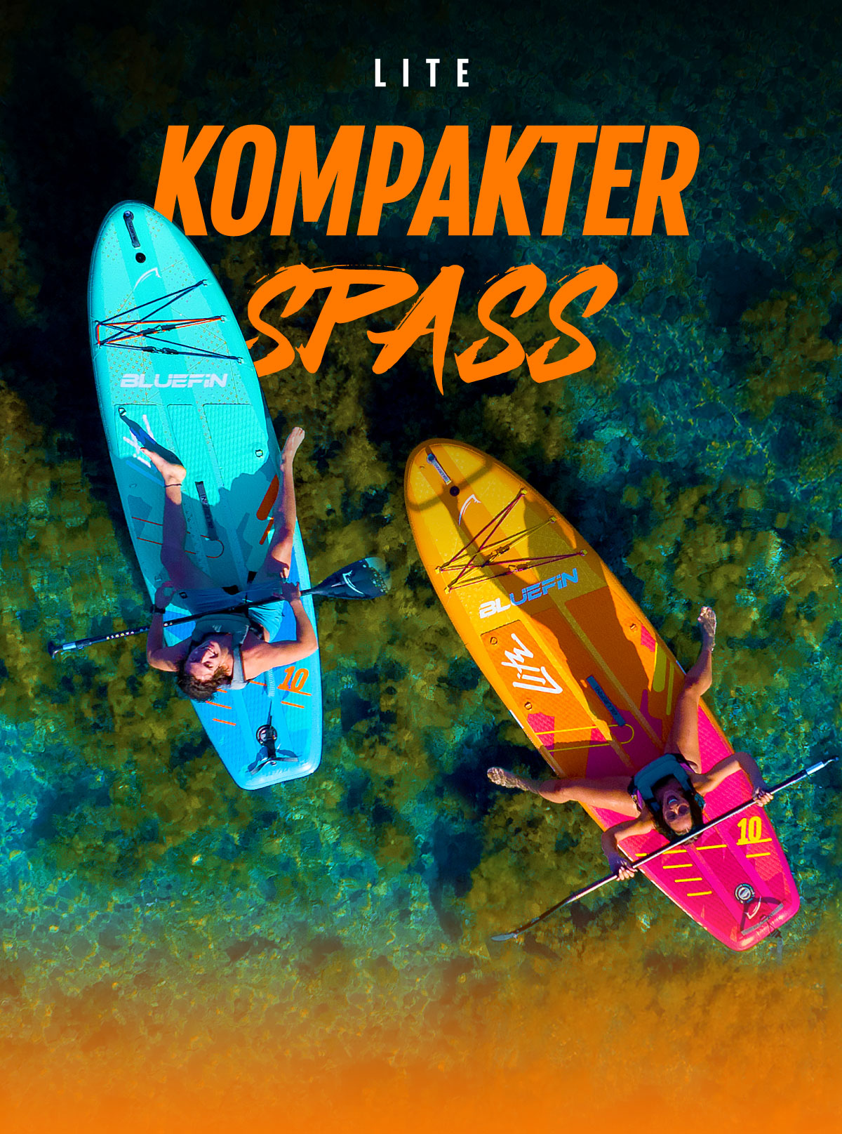 Two paddleboarders on colorful boards, one blue and one orange, floating on clear water.