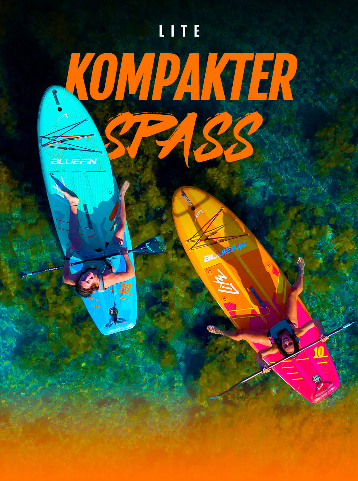 Two paddleboarders on colorful boards, one blue and one orange, floating on clear water.