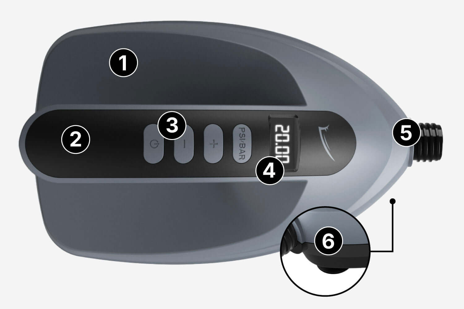 Inflation pump with digital pressure display, buttons for settings, and hose connection.