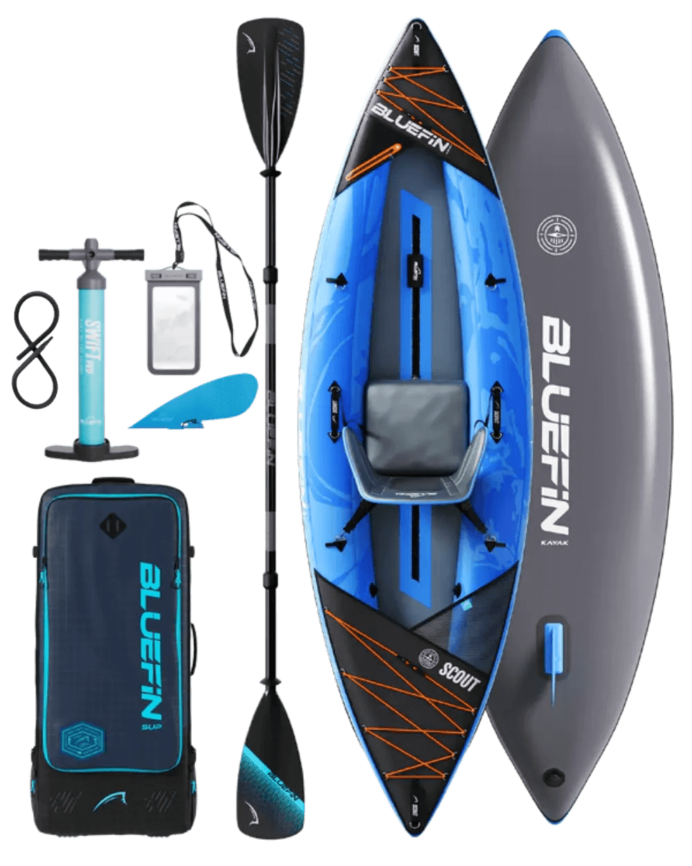 Inflatable kayak in blue with paddle, pump, and carrying bag, featuring a comfortable seat and storage area.