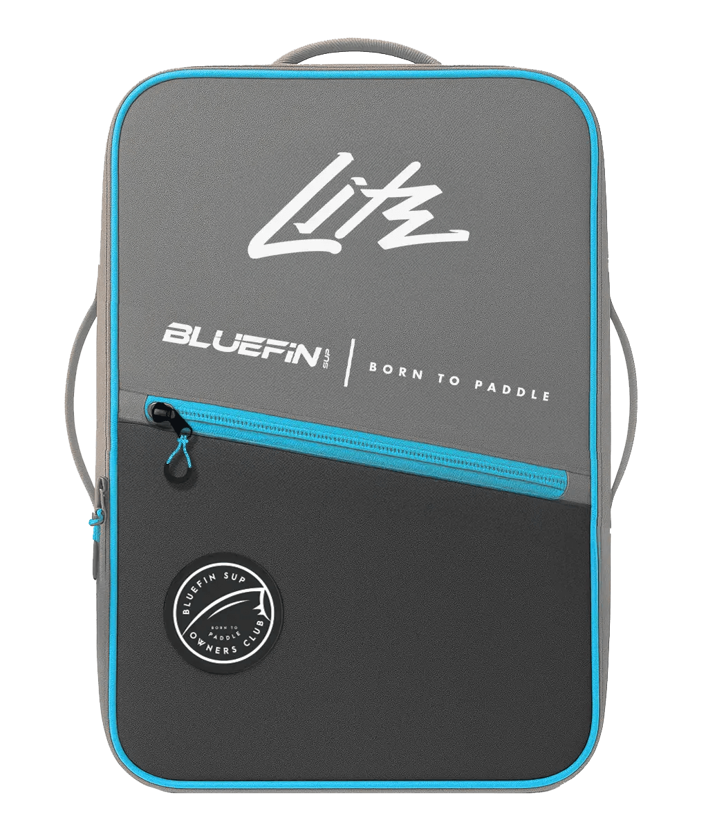 Gray backpack with blue accents, zipper pocket, and Bluefin SUP logo on front.