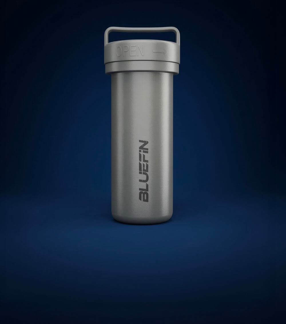Silver cylindrical container with a lid labeled 'OPEN' and 'BLUEFIN' branding.