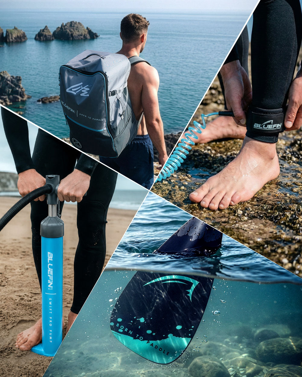 Collage showing a paddleboard backpack, hand pump, ankle leash and underwater fin in coastal settings