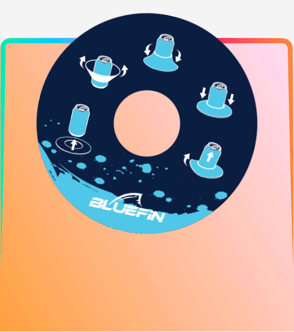 Instructional graphic showing different paddleboard maneuvers with arrows and icons on a circular background