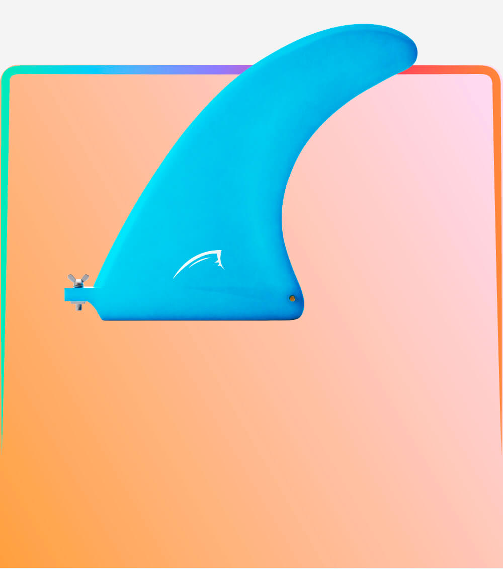 Blue surfboard fin with a logo, mounted on a colorful gradient background.