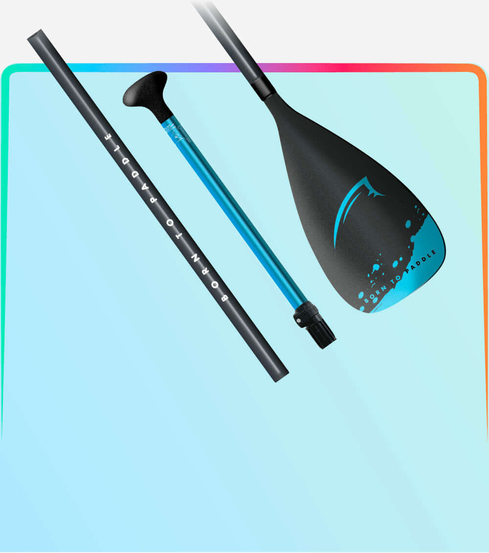 Three-piece paddle with a black blade, blue shaft, and black grip, set against a colorful background.