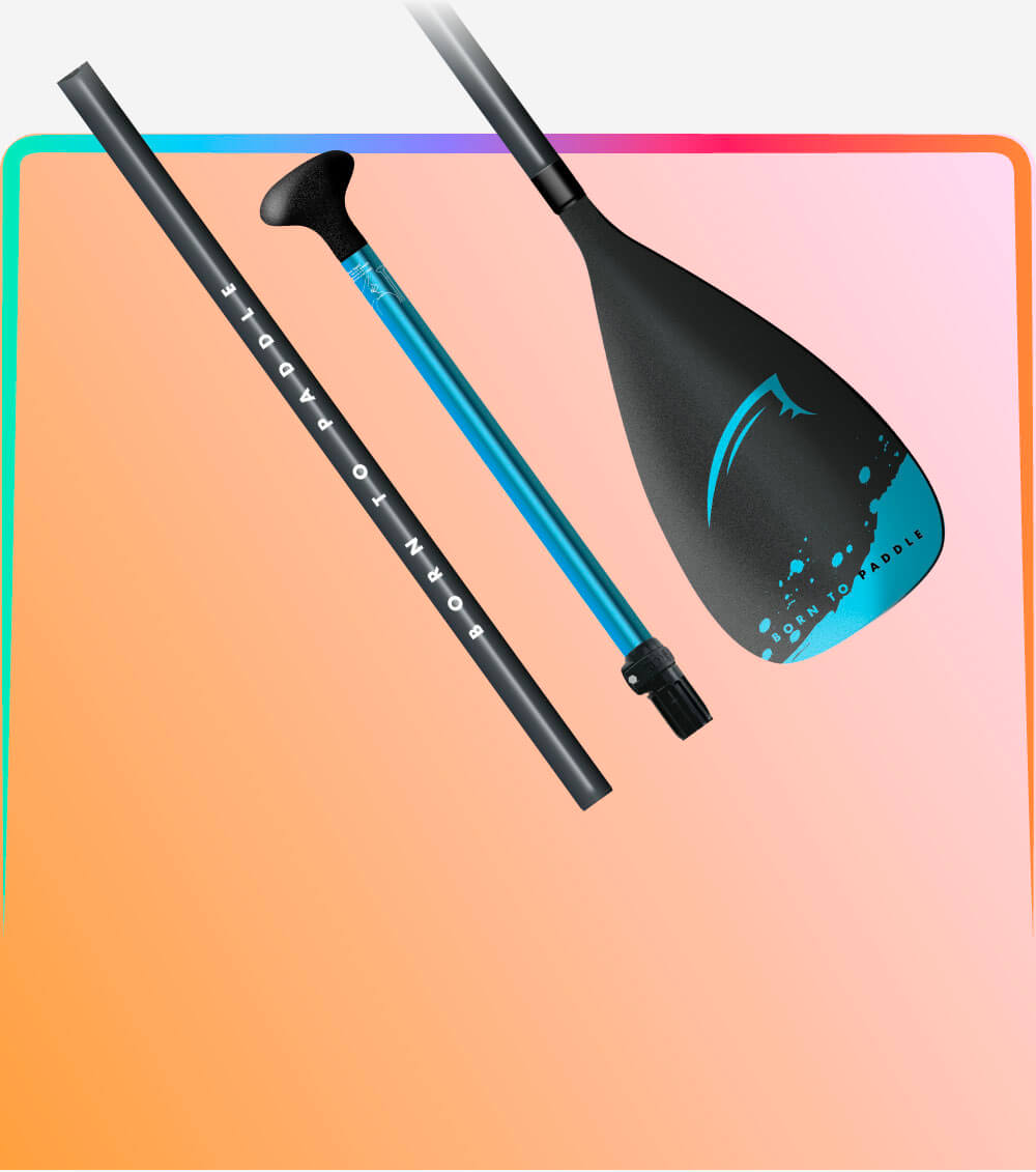 Three-piece paddle with black shaft, blue middle section, and black blade with blue accents