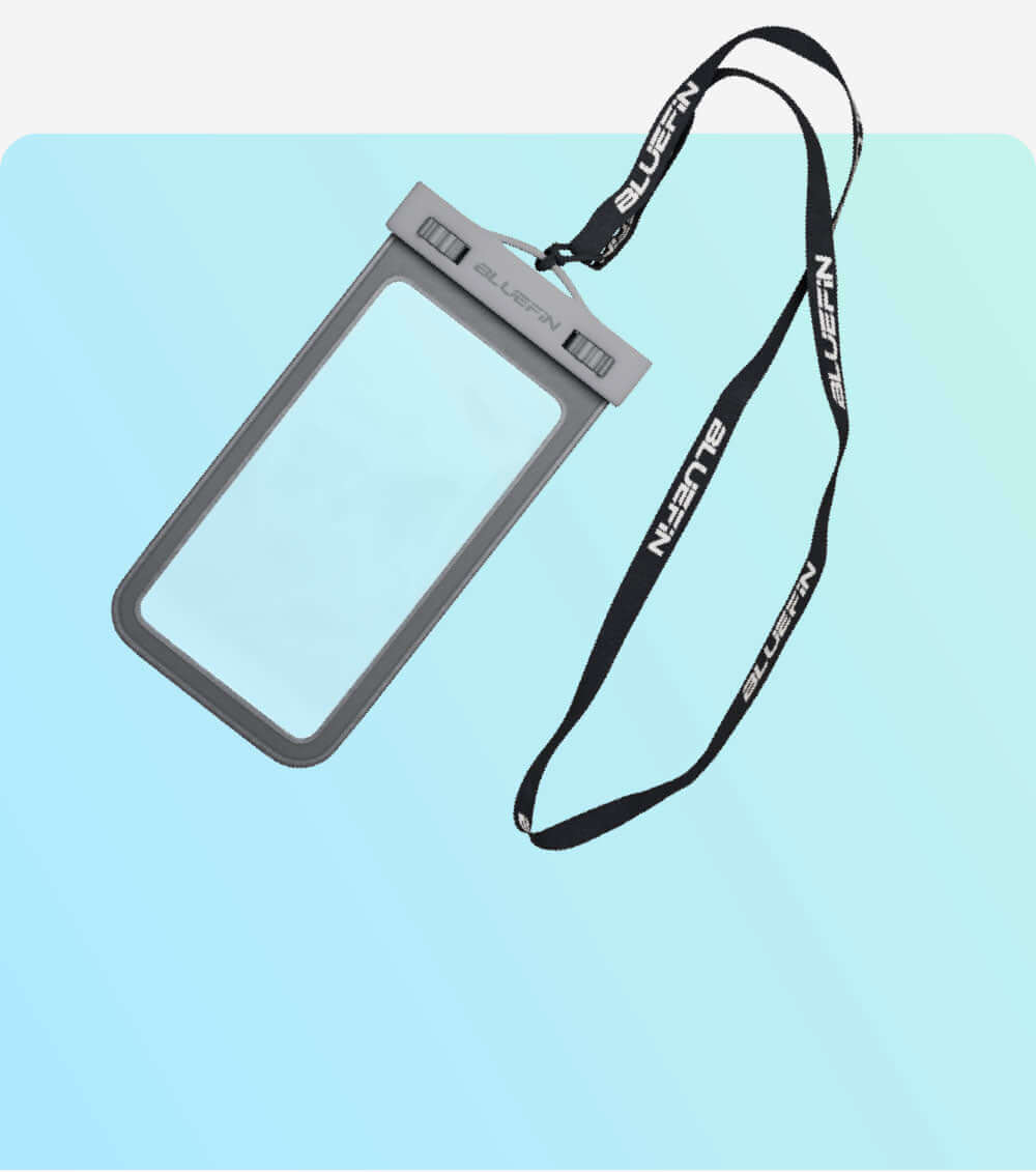 Waterproof phone pouch with gray frame and adjustable lanyard, suitable for outdoor activities