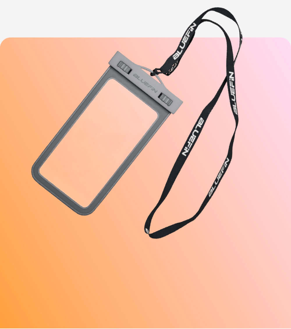 Waterproof phone pouch with gray frame and adjustable lanyard, suitable for outdoor activities