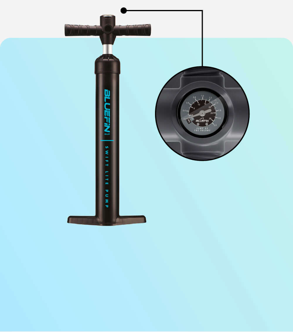 Black hand pump with T-handle and pressure gauge for inflating paddleboards