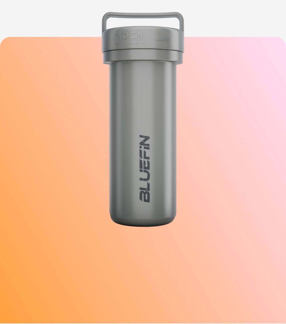 Gray water bottle with a screw-on lid labeled 'OPEN' and Bluefin logo on the side