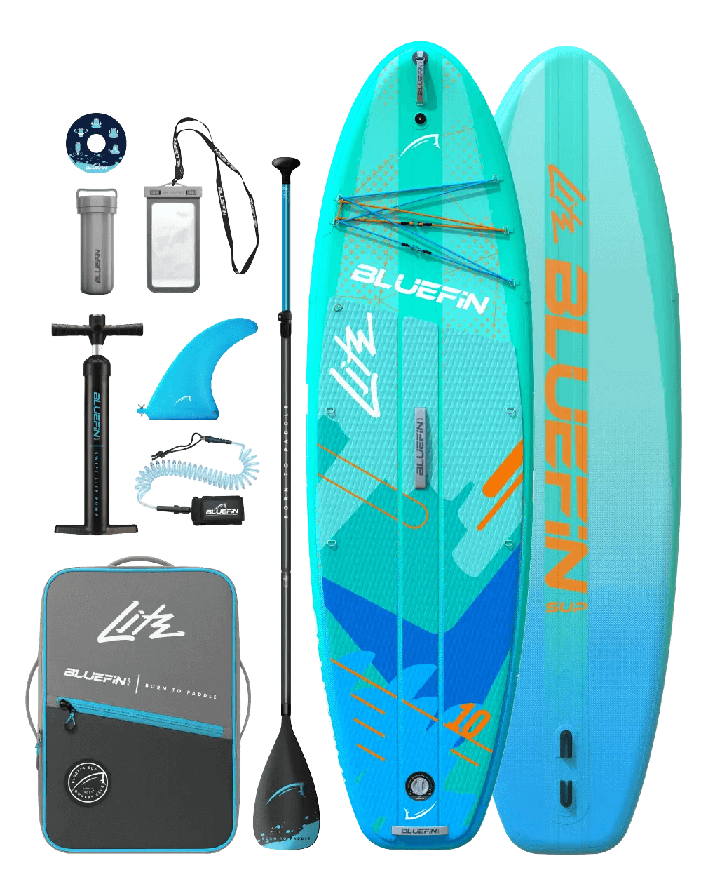 Inflatable paddleboard with blue and turquoise design, paddle, fin, pump, and carrying bag included.