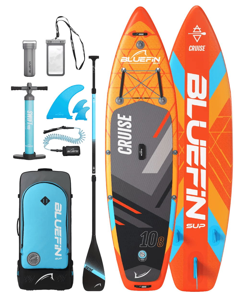 Inflatable paddleboard kit with orange and blue board, paddle, pump, fins, and backpack for storage.