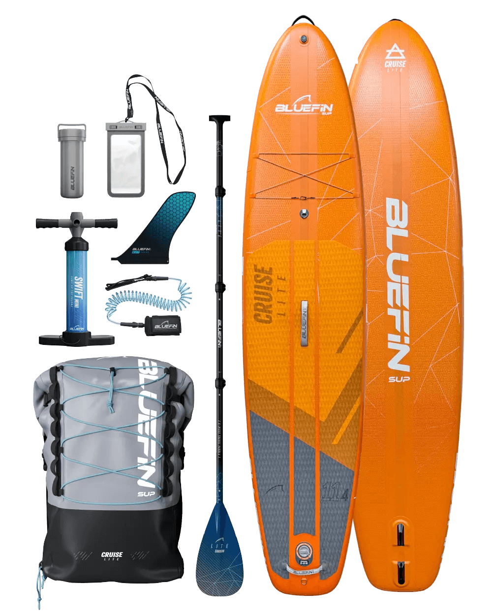 Inflatable paddleboard kit with orange board, paddle, pump, fin, backpack, and waterproof case.