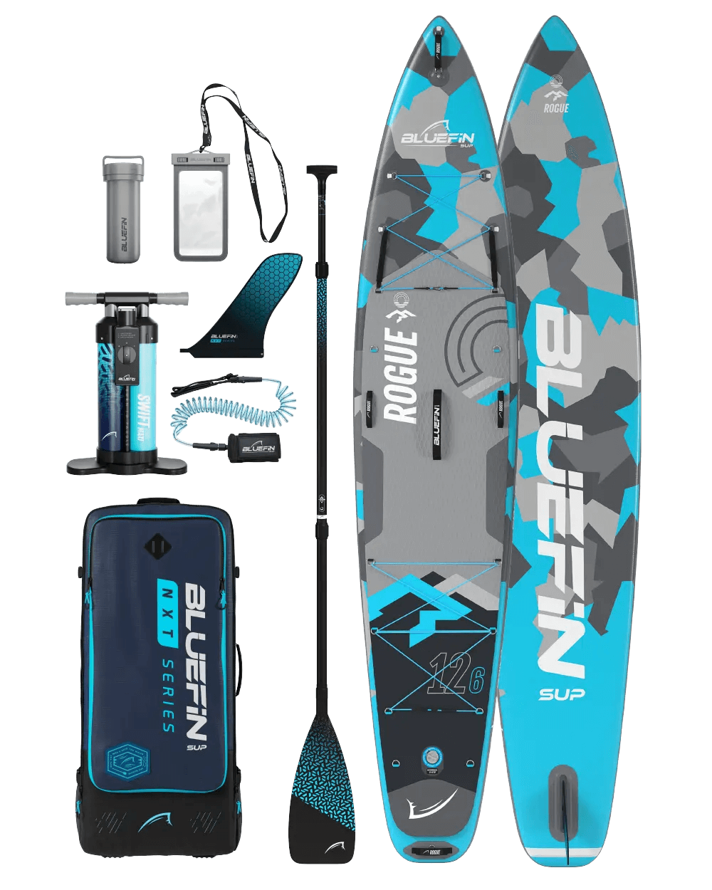 Aufblasbares Paddleboard mit blauem und grauem Camouflage-Design, Paddel, Pumpe, Finne und Tragetasche.