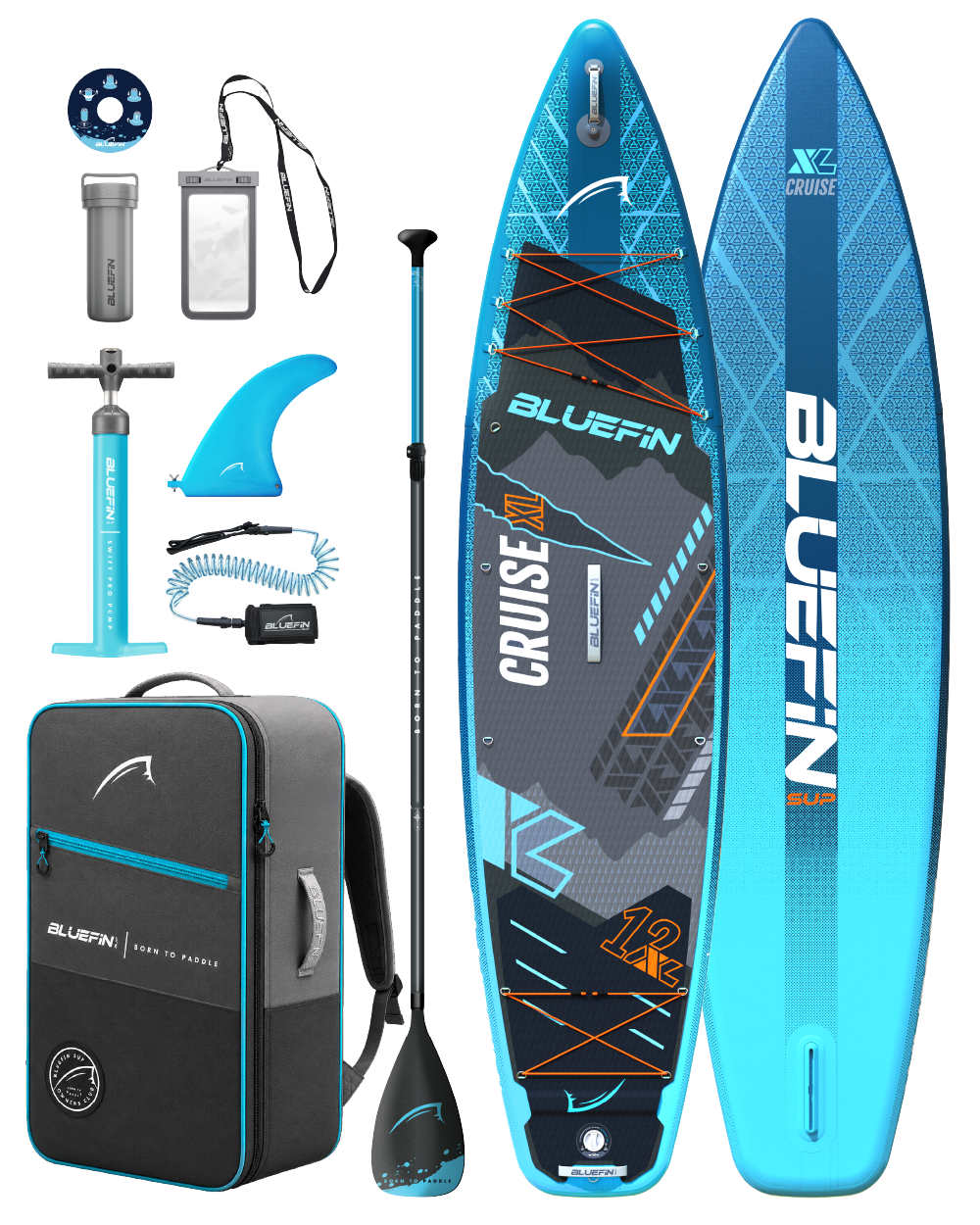 Inflatable paddleboard with blue and black design, paddle, pump, fin, and carrying backpack included