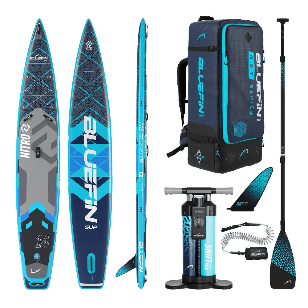 Inflatable paddleboard with blue and gray design, paddle, pump, and backpack for transport.
