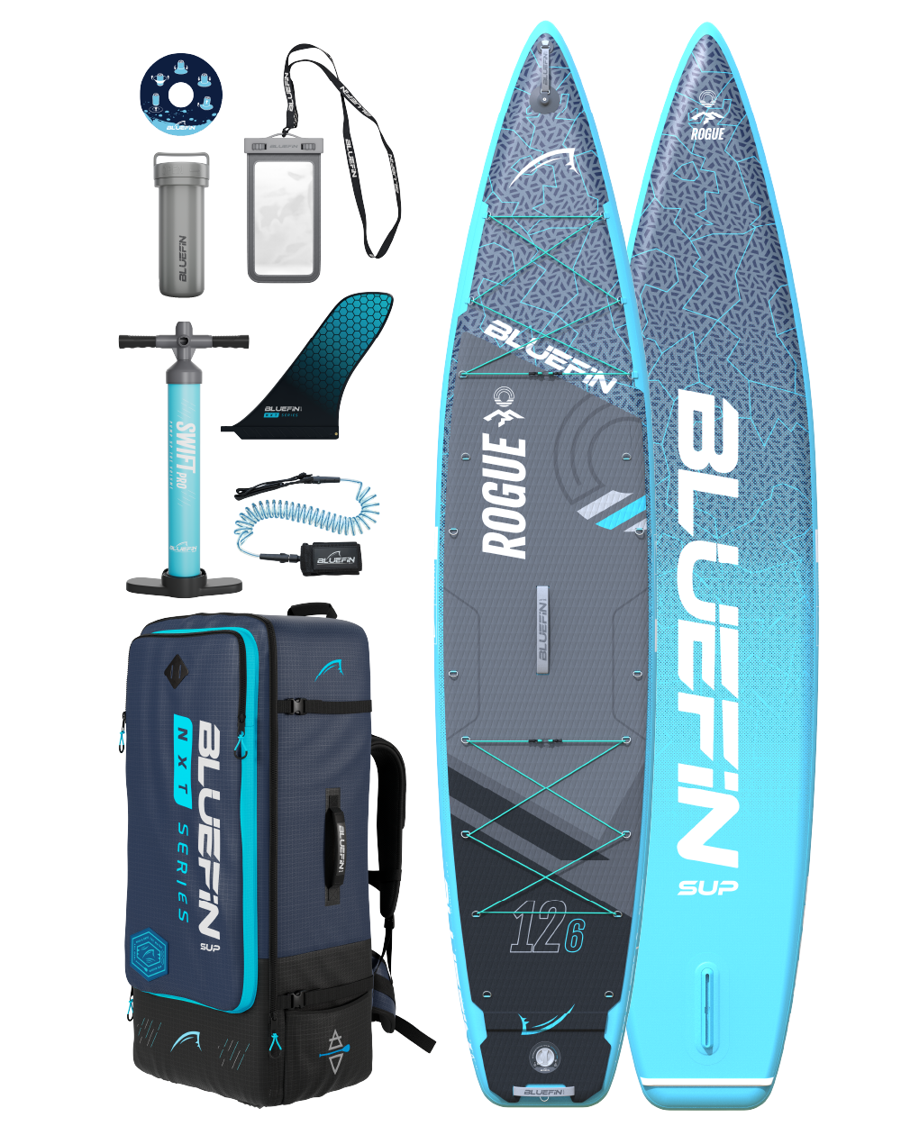 Inflatable paddleboard with center fin, textured deck, pump, backpack, water bottle, and accessories.