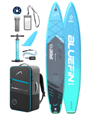 Inflatable paddleboard with blue and gray design, pump, fin, backpack, and accessories for travel.