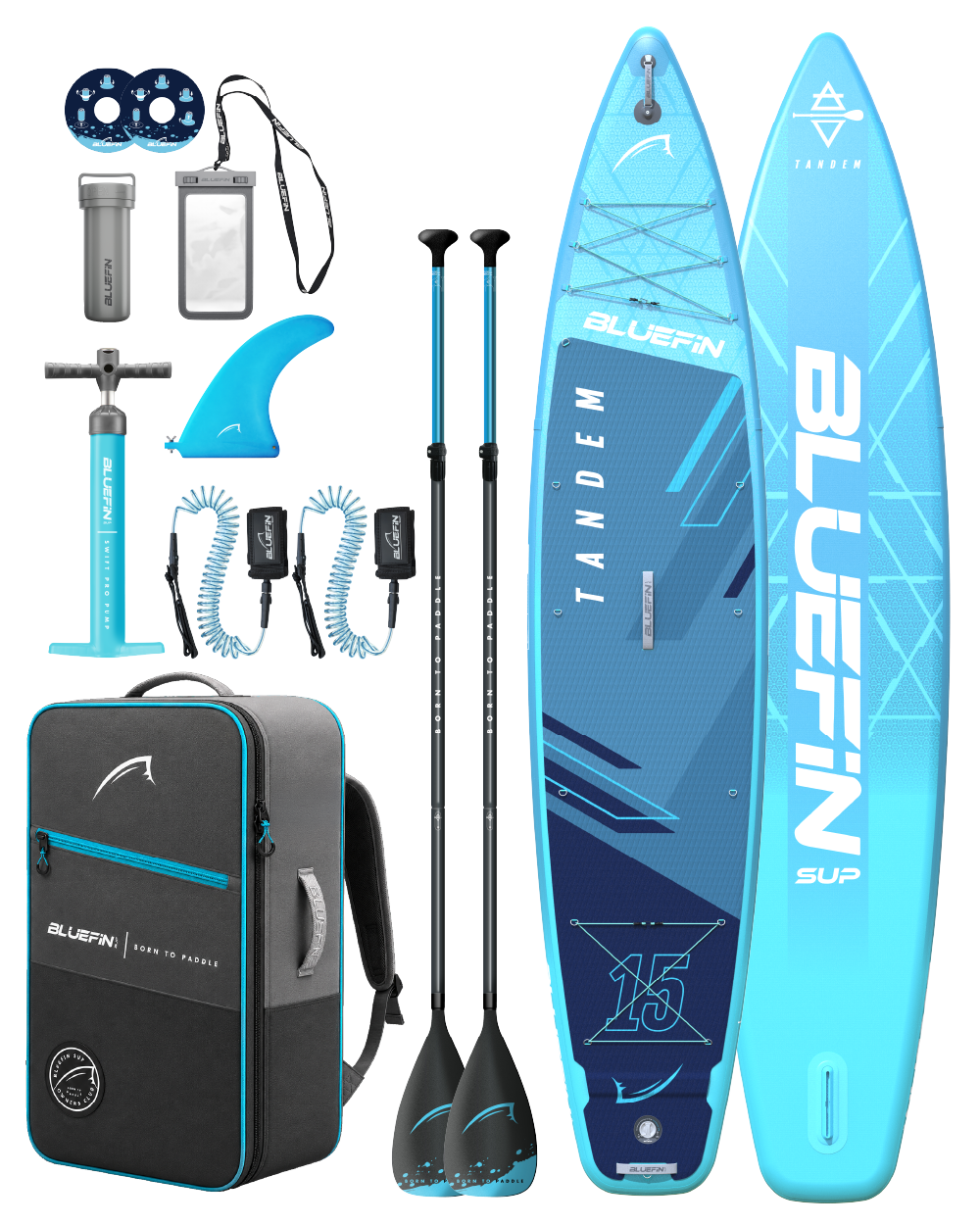Inflatable tandem paddleboard in blue with two paddles, pump, fin, backpack, and accessories.