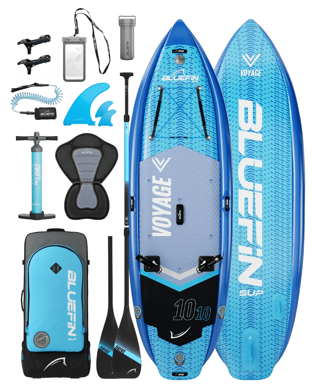 Inflatable paddleboard with blue design, fins, paddle, pump, backpack, and accessories for water sports.