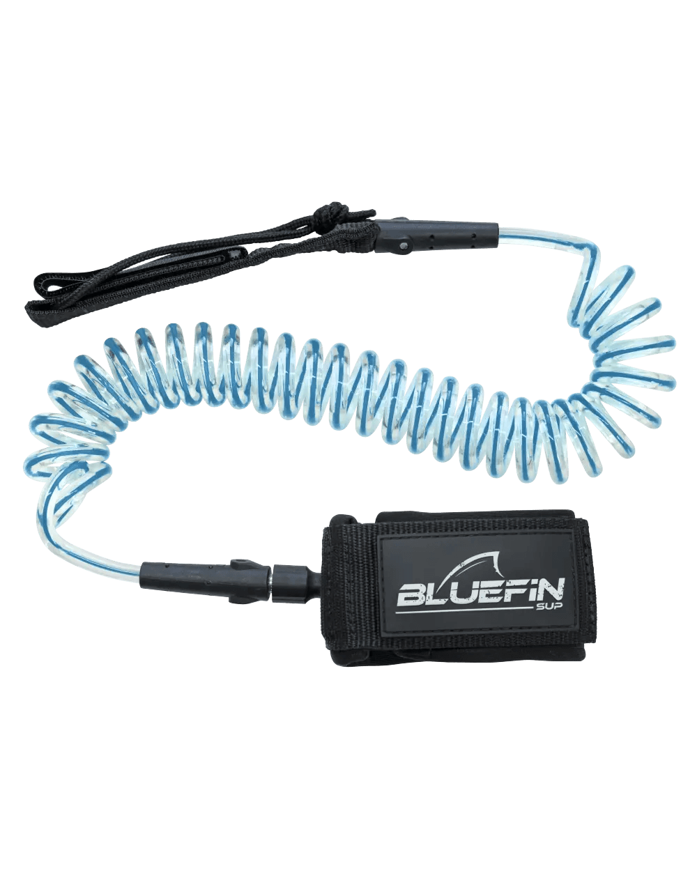 Coiled SUP leash with black strap and blue elastic cord, featuring a padded ankle cuff.