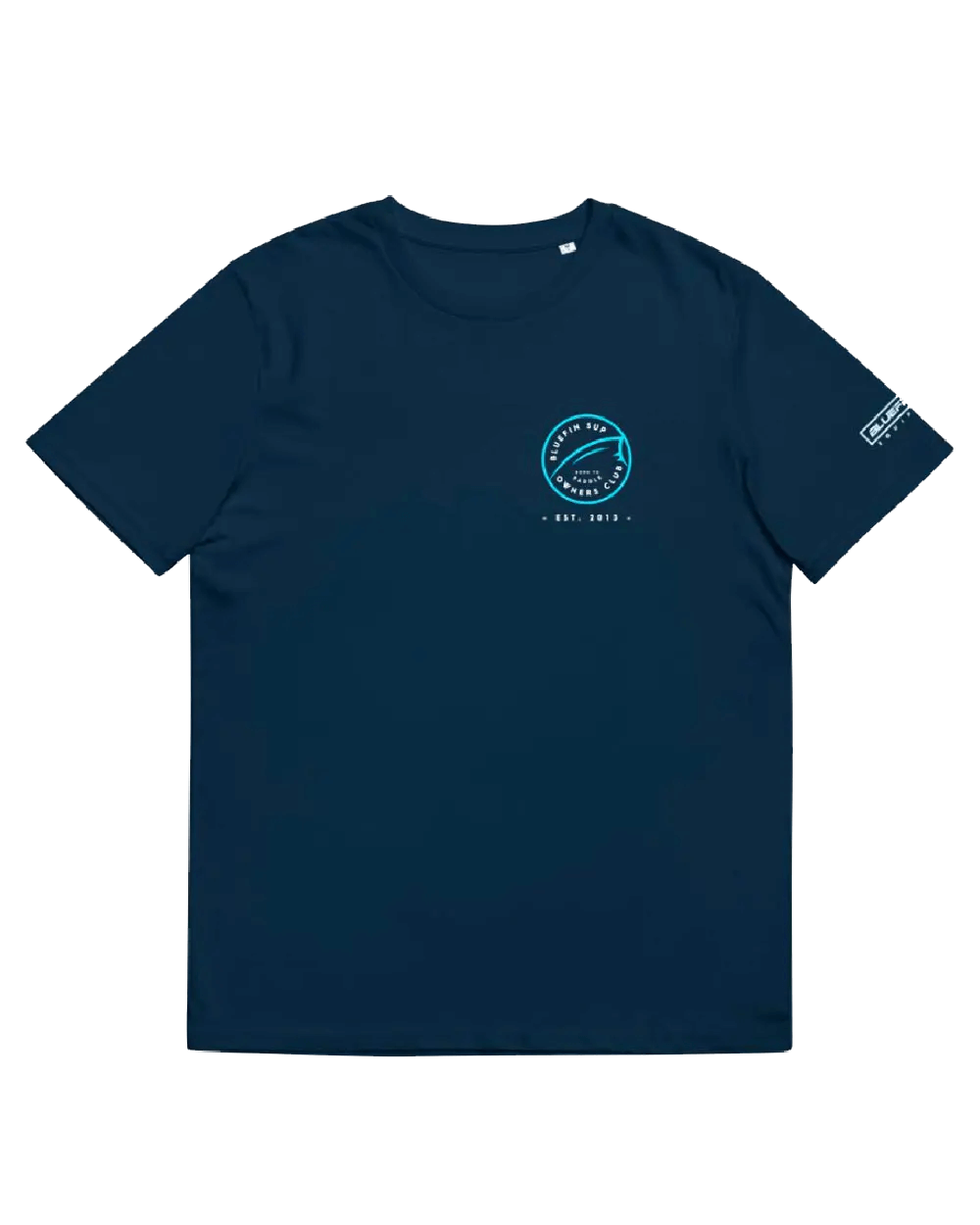Navy blue t-shirt with a circular logo and text on the front, short sleeves, and a tag on the sleeve.