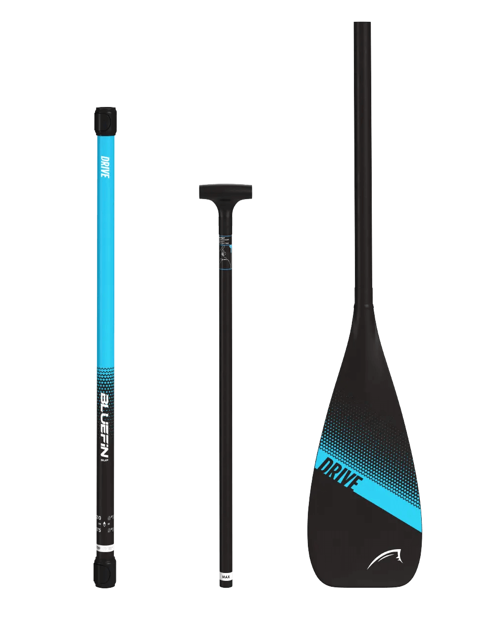 Three-piece paddle with a blue shaft, black handle, and black blade featuring a blue design.