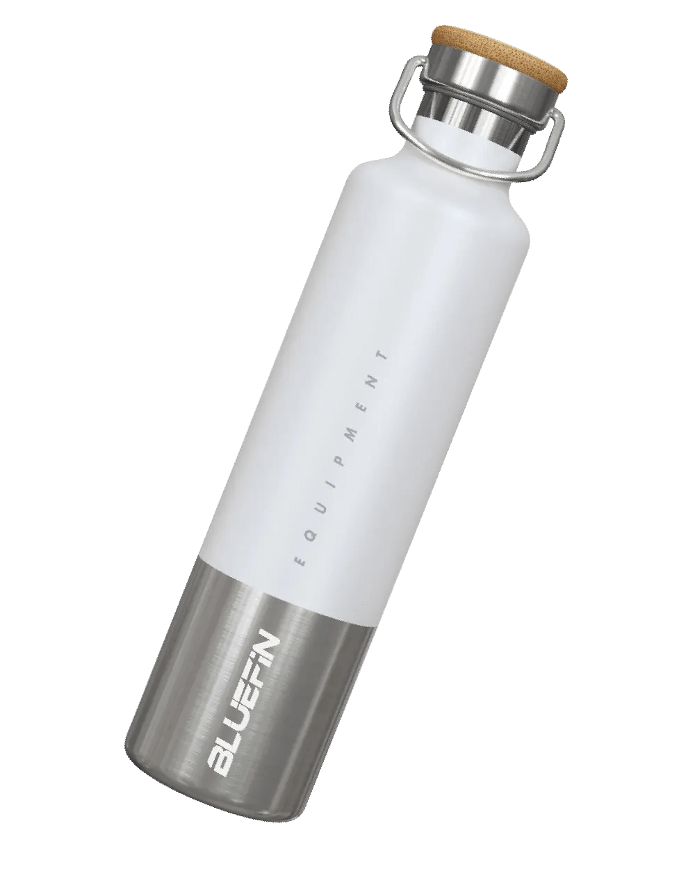 Stainless steel water bottle with white body, cork lid, and engraved BLUEFIN logo