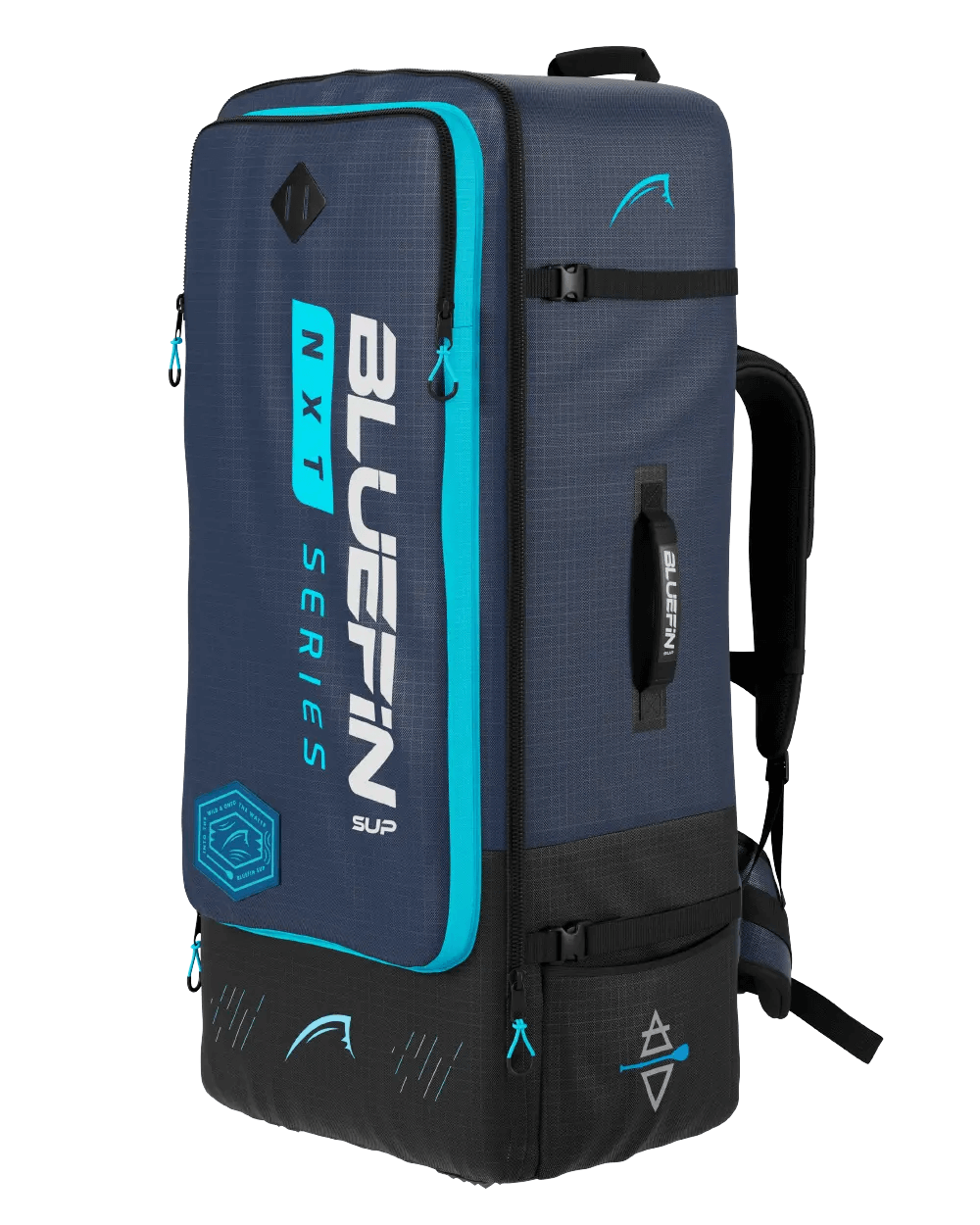 Bluefin SUP NXT Series backpack in navy and black with blue accents and adjustable straps