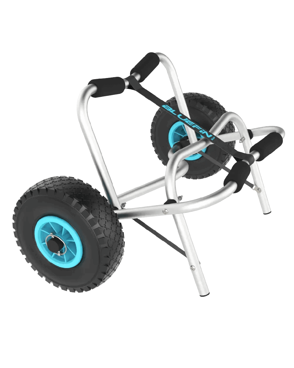 Bluefin SUP cart with two large black wheels, silver frame, and padded handles for easy transport