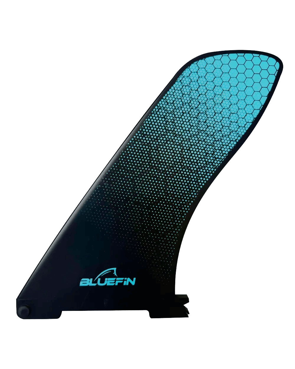 Black fin with blue honeycomb pattern and BLUEFIN logo, designed for paddleboards.