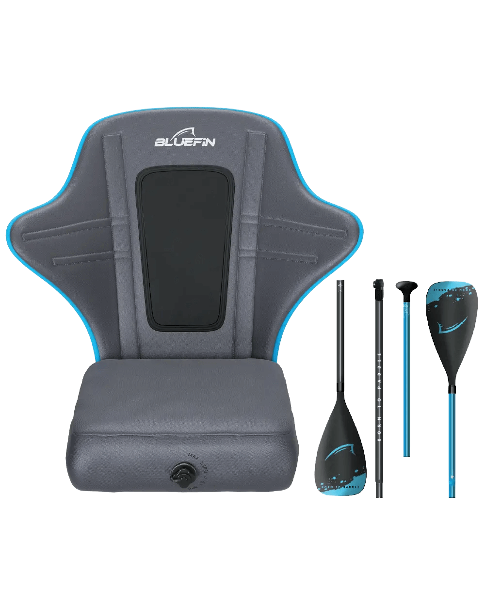 Gray padded kayak seat with blue trim, adjustable straps, and two paddles beside it.