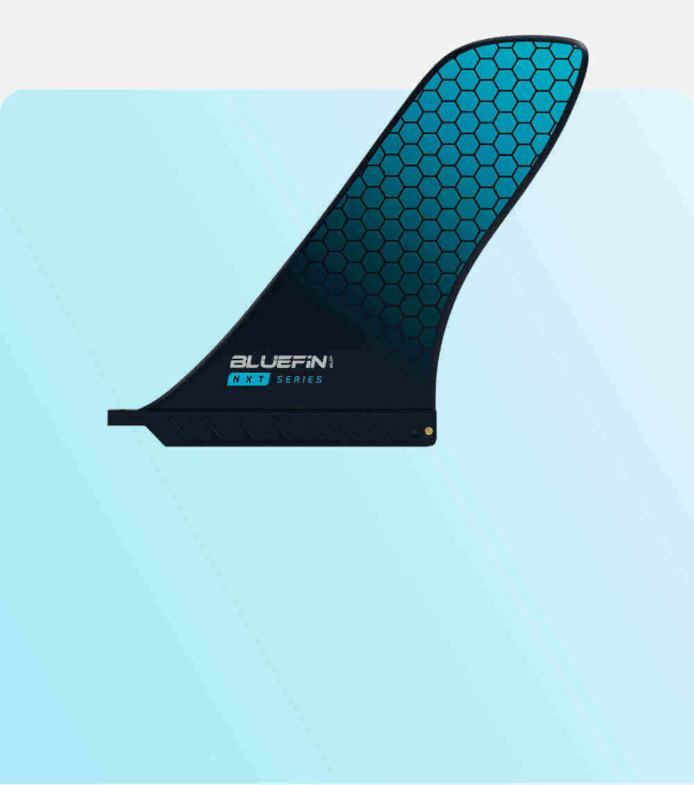 Bluefin NXT Series fin with a honeycomb pattern and logo on a light blue background