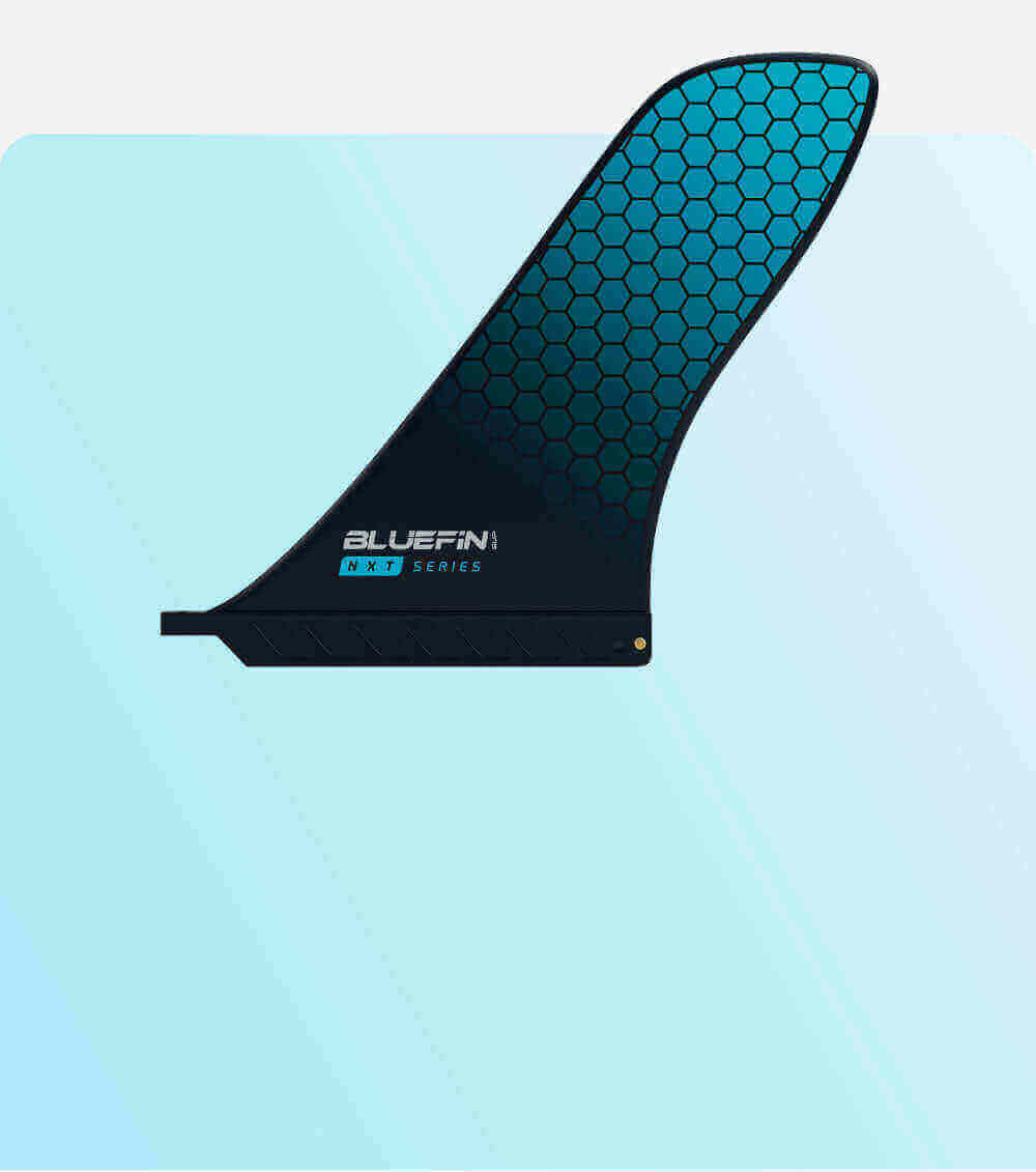 Bluefin NXT Series fin with a honeycomb pattern and logo on a light blue background