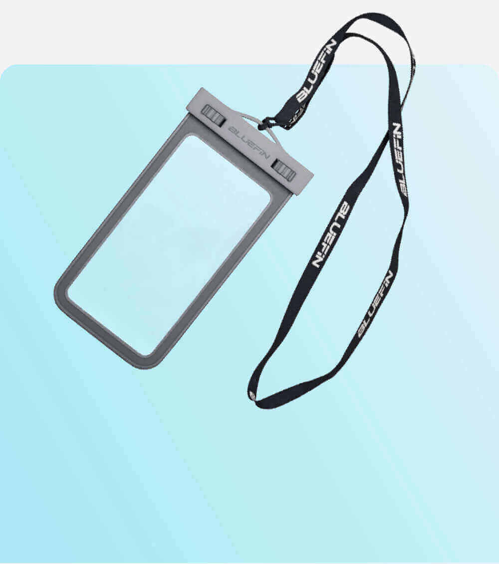Clear waterproof phone case with gray edges and a black lanyard, suitable for outdoor activities.