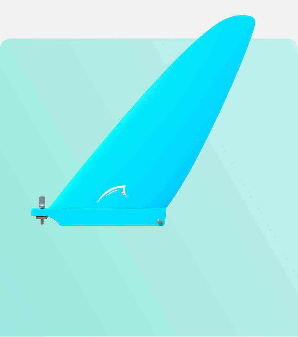 Blue fin for a paddleboard with a sleek design and mounting hardware visible