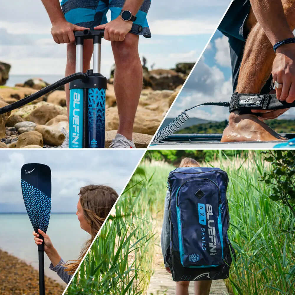 Collage von Bluefin-Produkten: Pumpe, Paddel, Leash und Rucksack in Outdoor-Umgebungen.