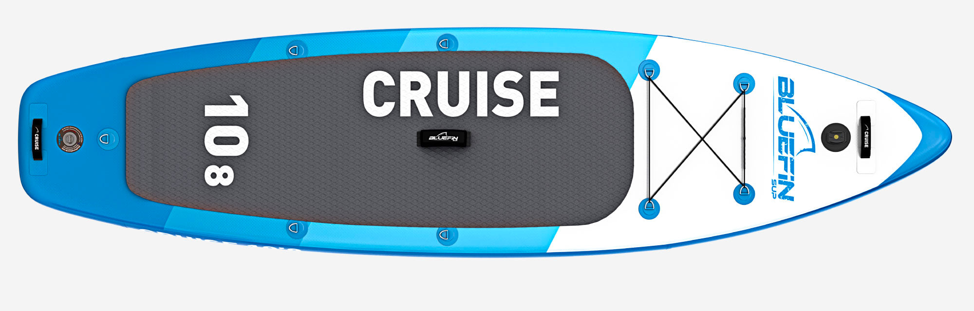 Inflatable paddleboard with blue and white design, textured deck pad, and center fin.