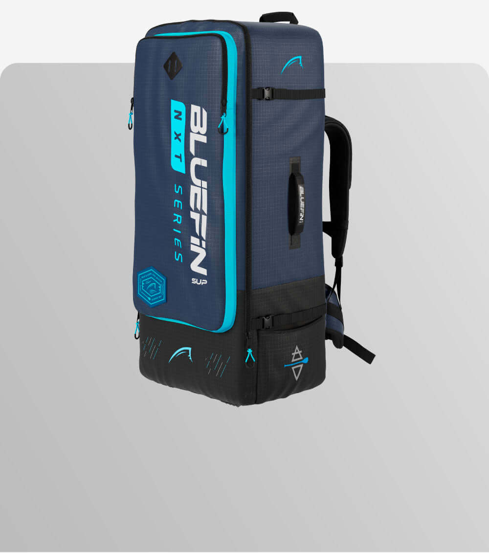 Bluefin SUP NXT Series Rucksack in Marineblau und Türkis mit verstellbaren Riemen und mehreren Fächern.