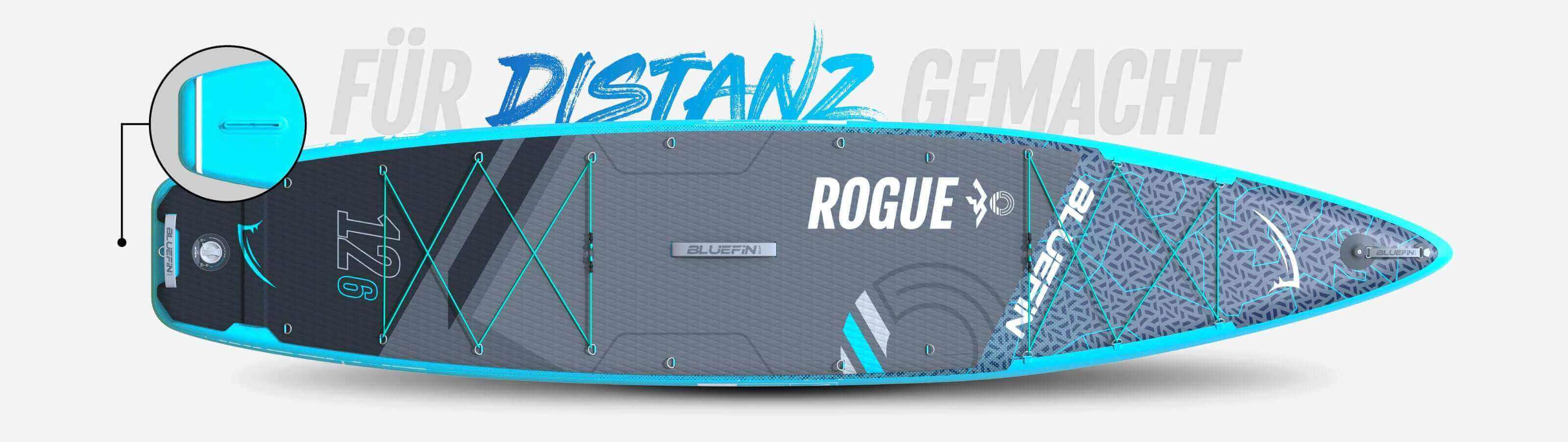 Inflatable paddleboard with blue accents, textured deck pad, center fin, and bungee storage system