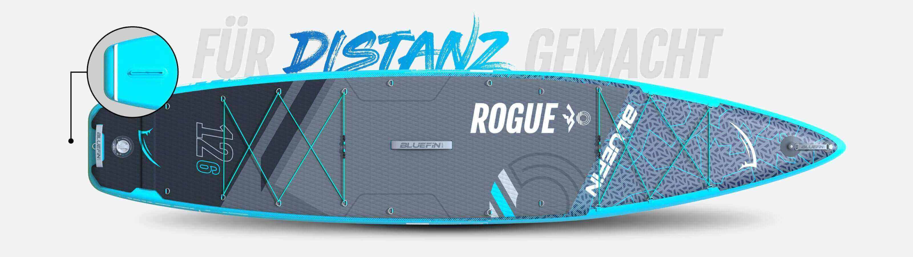 Inflatable paddleboard with blue accents, textured deck pad, center fin, and bungee storage system