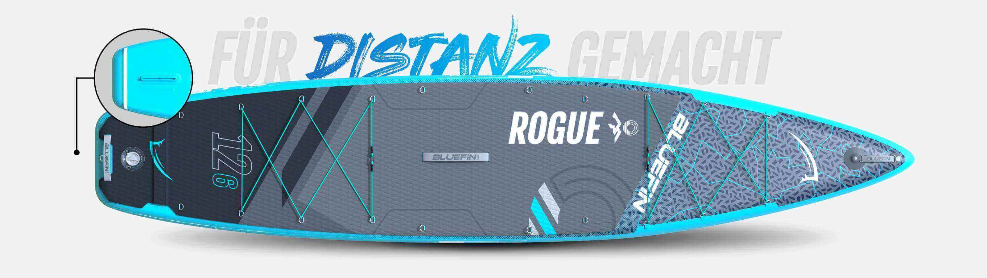 Inflatable paddleboard with blue accents, textured deck pad, center fin, and bungee storage system