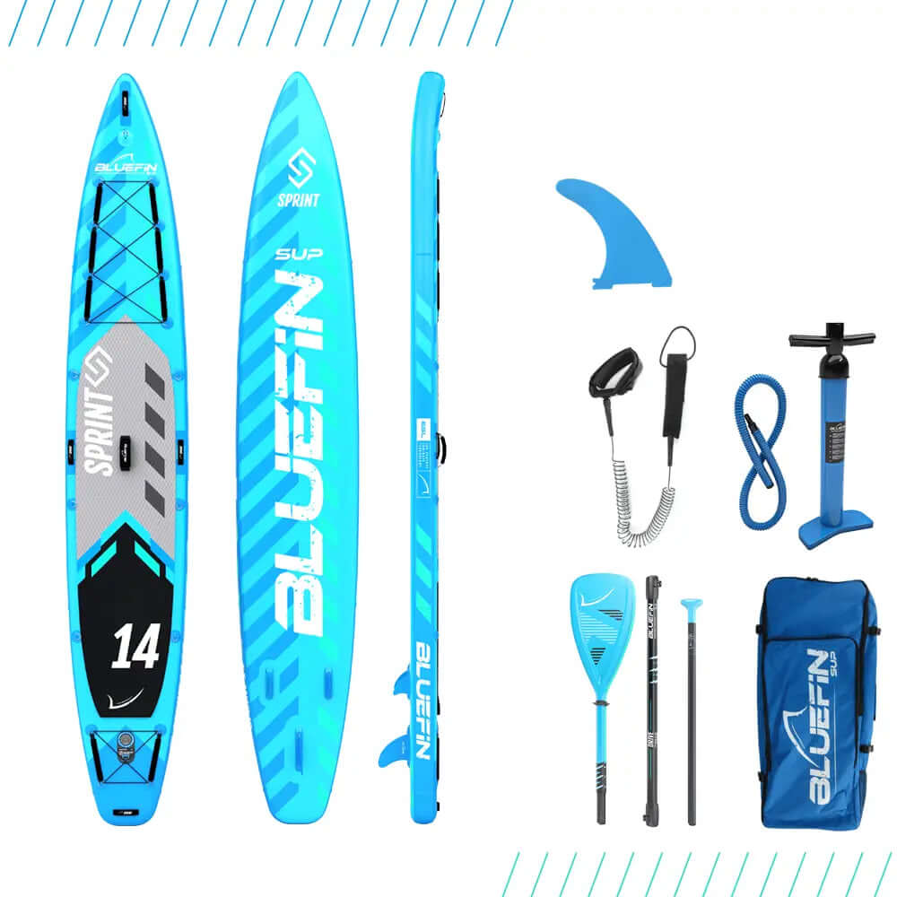 Aufblasbares Paddleboard in Blau mit Mittelruder, strukturiertem Deck, Paddel, Pumpe und Tragetasche.