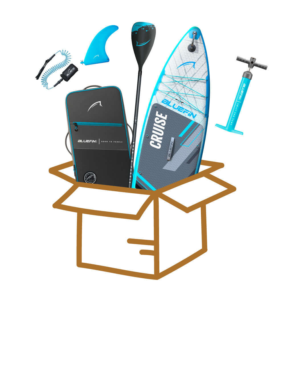 Inflatable paddleboard with accessories in a box, including a paddle, fin, pump, and backpack.