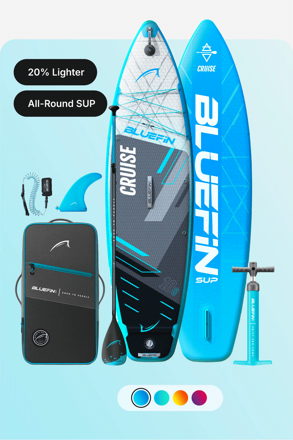 Inflatable Bluefin SUP with paddle, fin, pump, and carrying bag in blue and gray colors