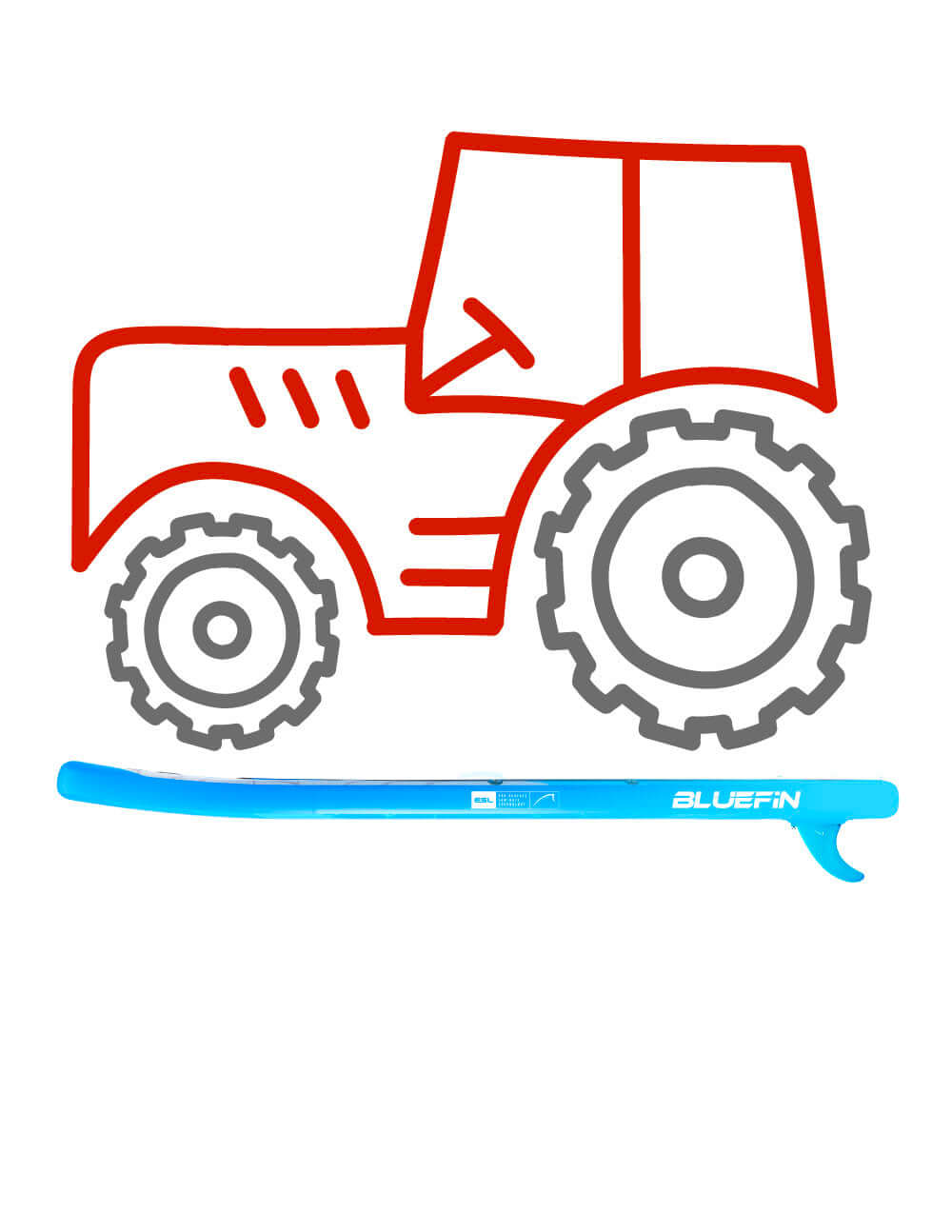 Bluefin paddle with a blue shaft, next to a red tractor illustration with gray wheels.