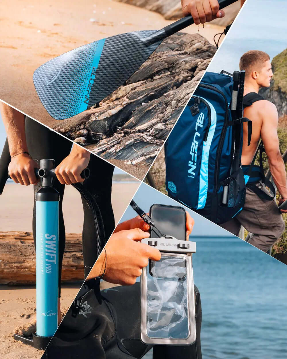 Collage of Bluefin SUP products: paddle, pump, backpack, and waterproof phone case by the beach.